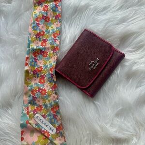 Coach Maroon Wallet and Floral Print Twilly Scarf